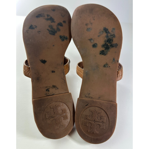 *Damaged Tory Burch Miller Leather Thong Sandals Flat Flip Flops Gold Logo 7.5 M - Picture 5 of 16